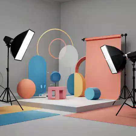 Interior of Rent-A-Studio photo zone with creative lighting and backdrops